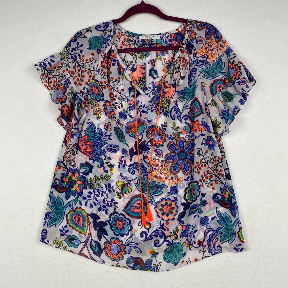 Milly for Design Nation Womens Size S Multicolor Floral Short Sleeve Blouse Boho